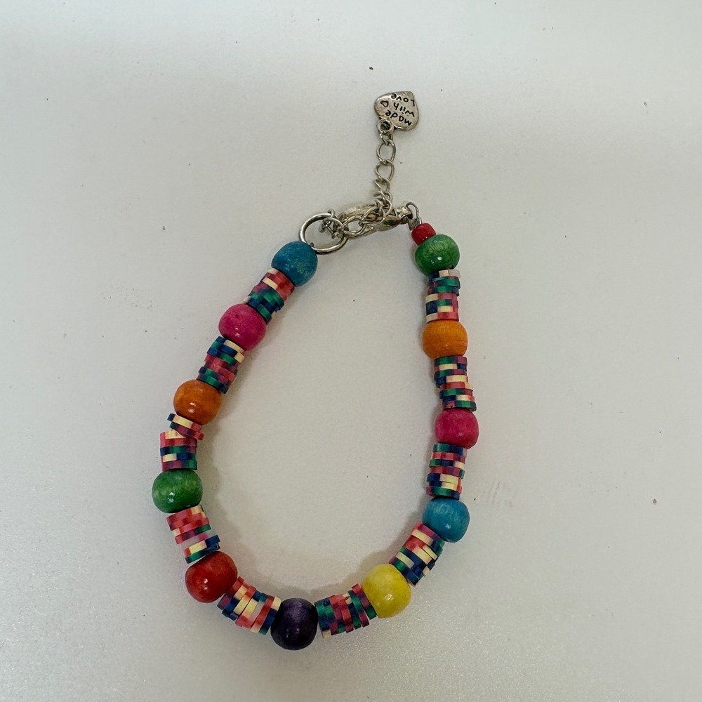 Multicolor Wood Bead Bracelet Boho Rainbow Disc Spacers Adjustable Heart Charm